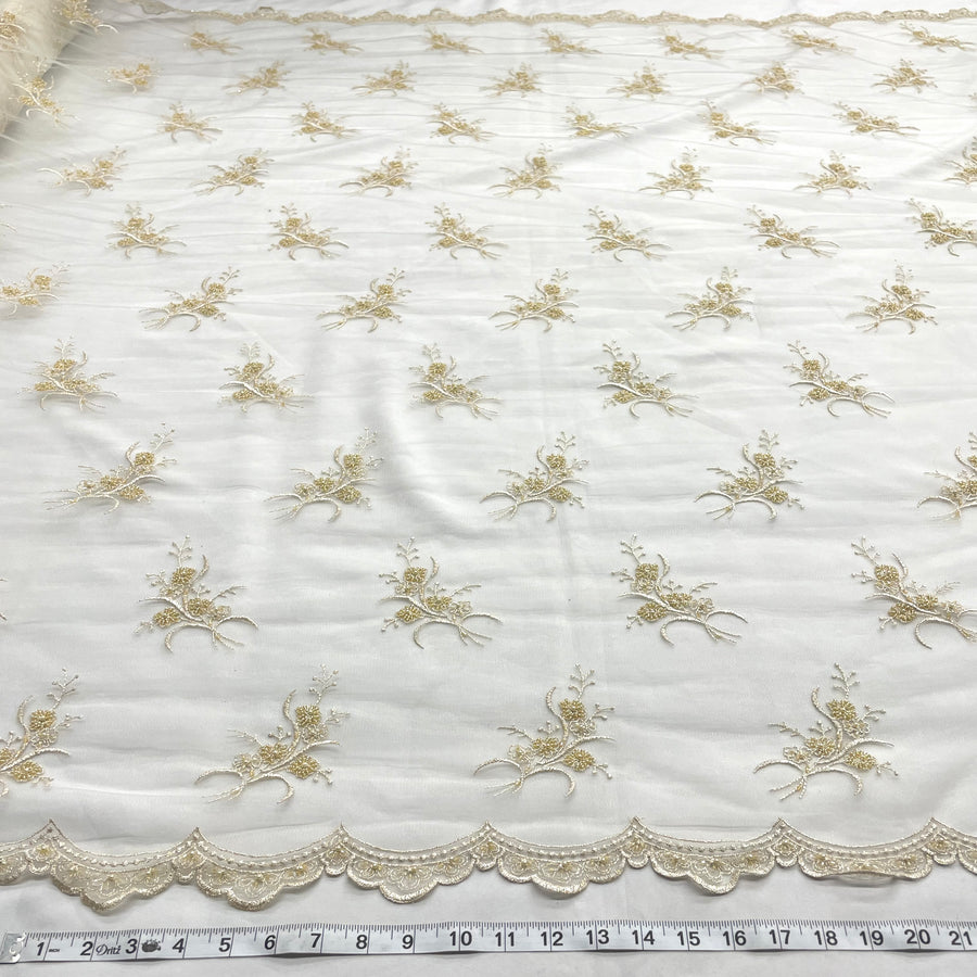 1 Yard - Beaded Lace Fabric Embroidered on 100% Polyester Net Mesh - Ivory - 52" Wide