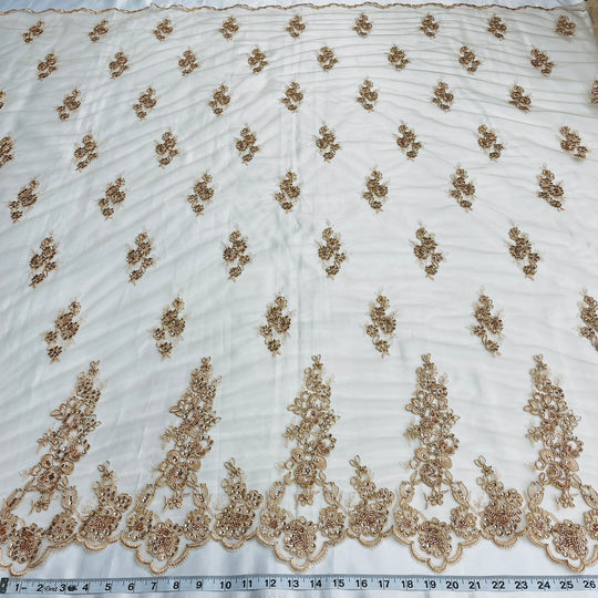 1 Yard Beaded and Corded Bridal Lace Fabric Embroidered on Polyester Net Mesh 54 inch Width