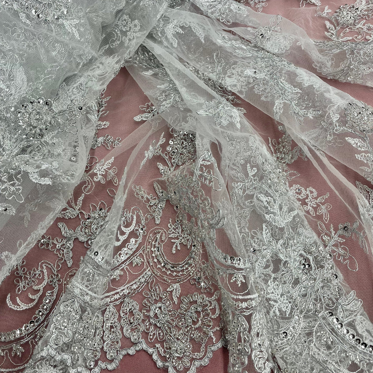 Beaded & Corded Bridal Polyester Lace Fabric - Embroidered Net Mesh, 51" Width (1 Yard)