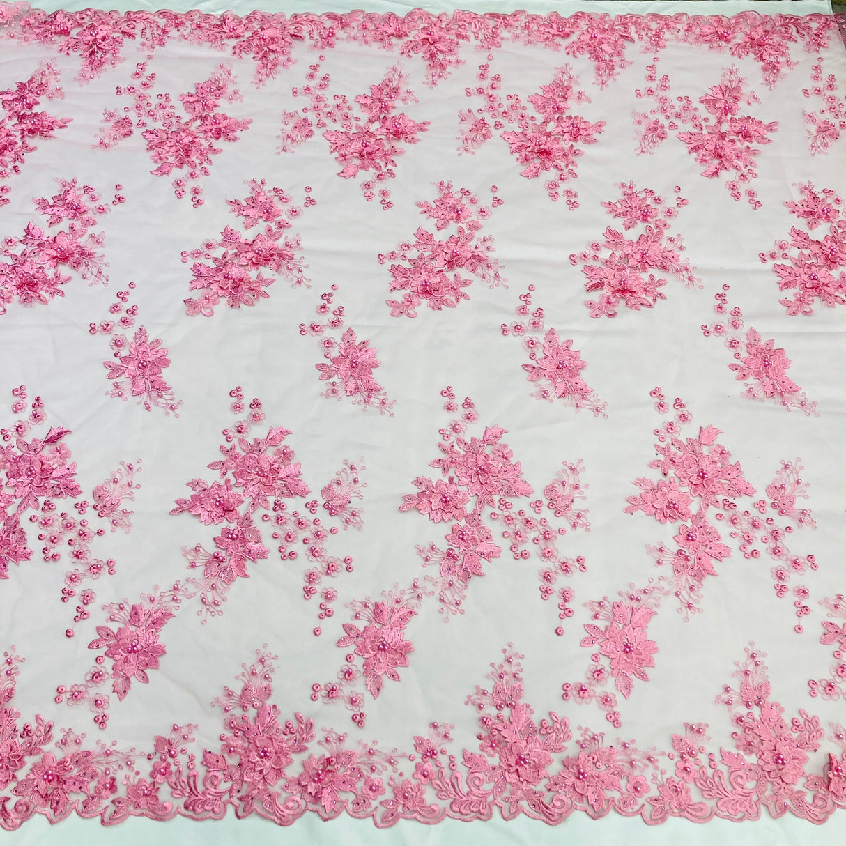 Beaded 3D Floral Lace Fabric - Embroidered On 100% Polyester Net Mesh, 52" Width, Multi Color (1 Yard)