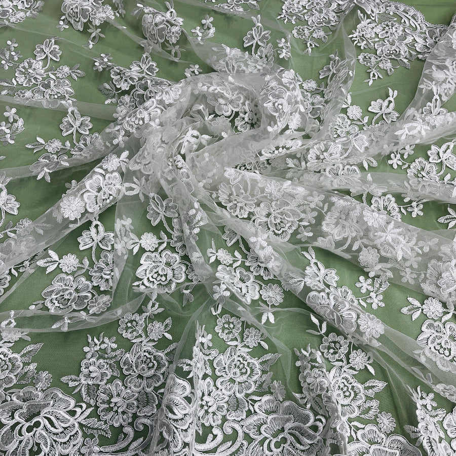 1 Yard Ivory Corded Bridal Lace Fabric Embroidered on Polyester Net Mesh 51 Inch Width