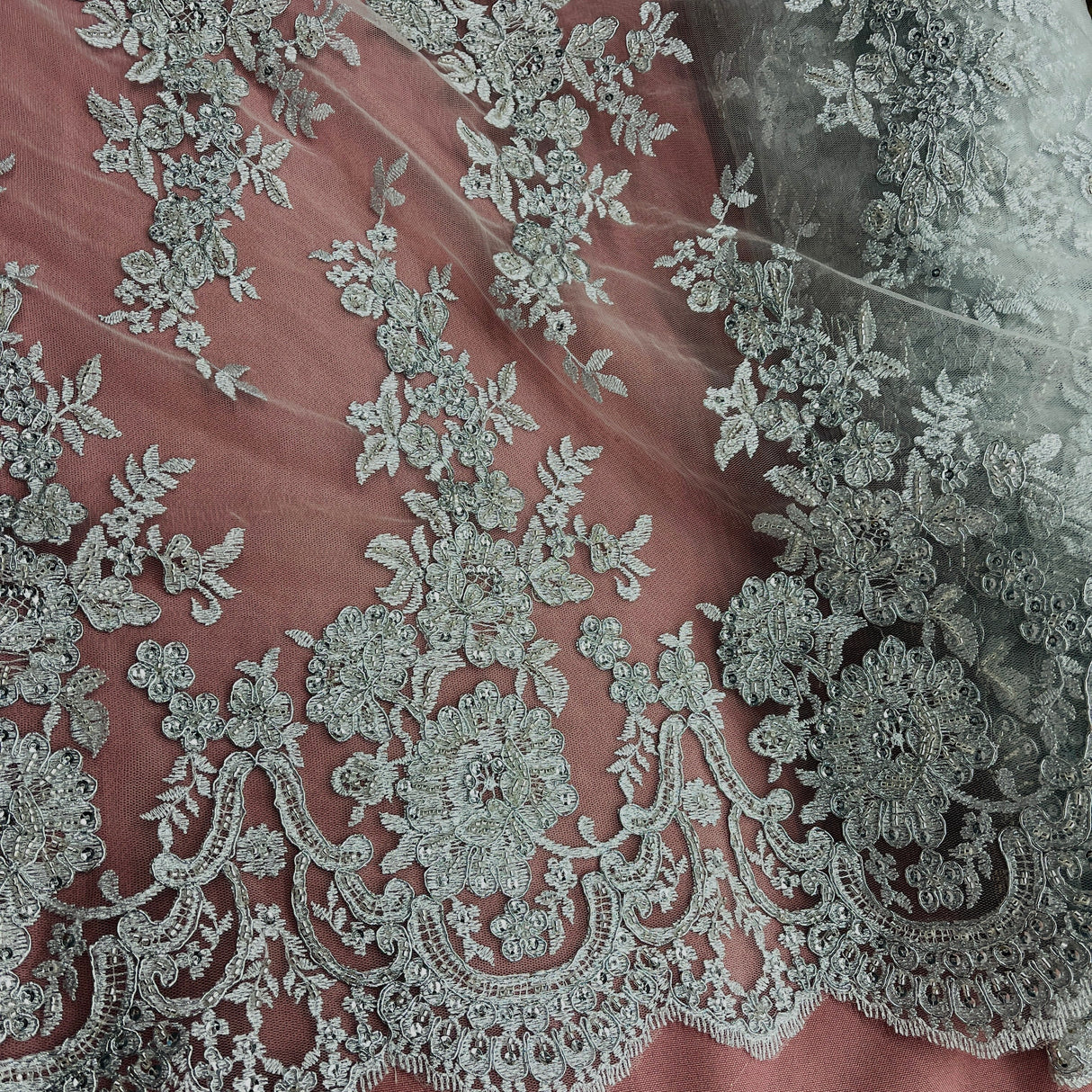 Beaded & Corded Bridal Lace Fabric - Embroidered, 100% Polyester Net Mesh, 53" Width (1 Yard)