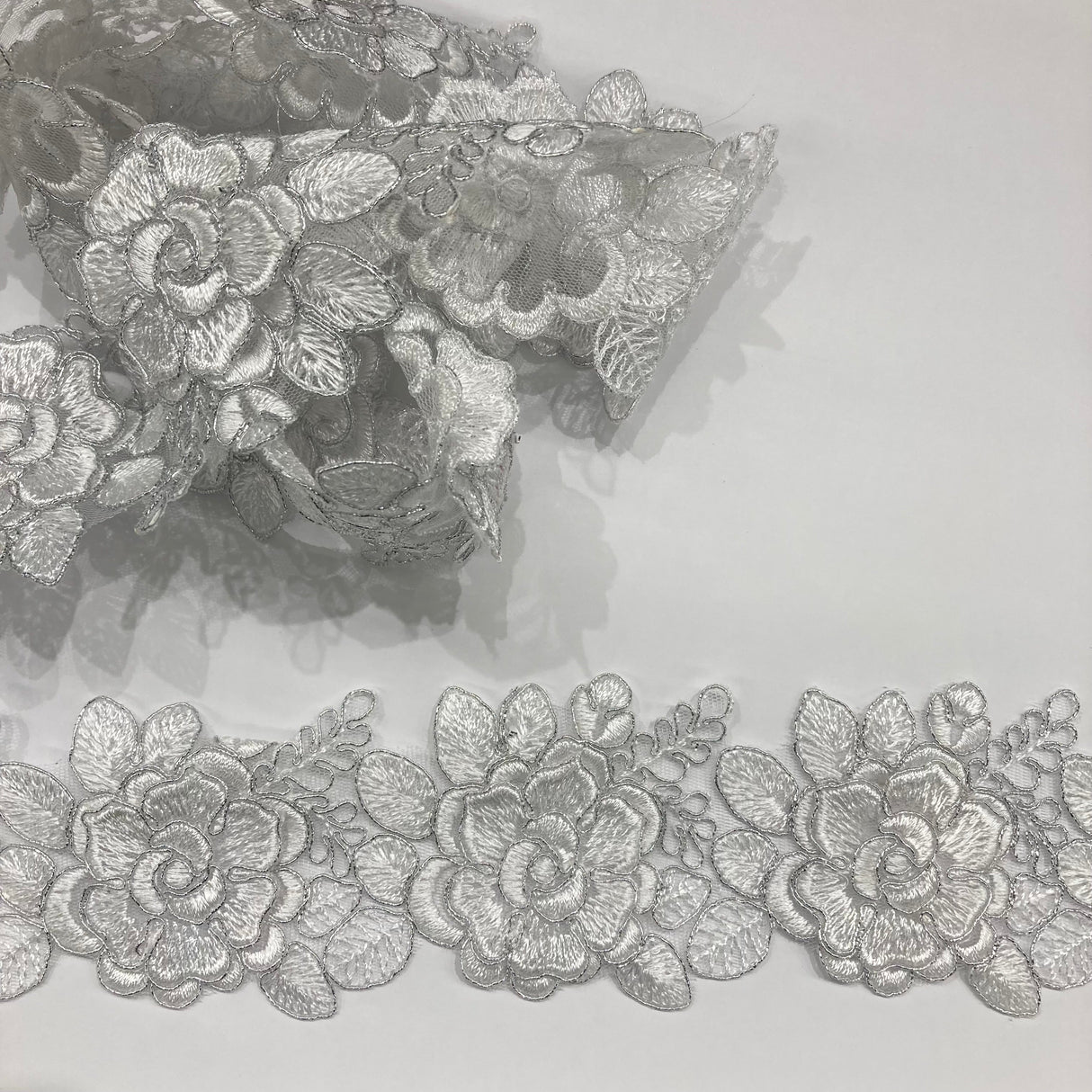 3D Floral Lace Trimming Polyester Fabric - Embroidered Net Mesh, Ivory With Silver, 3" Width (1 Yard)