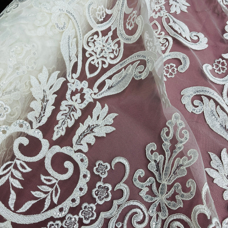 1 Yard Ivory with Silver Beaded and Corded Bridal Lace Fabric on Polyester Net Mesh 51 Inch Width