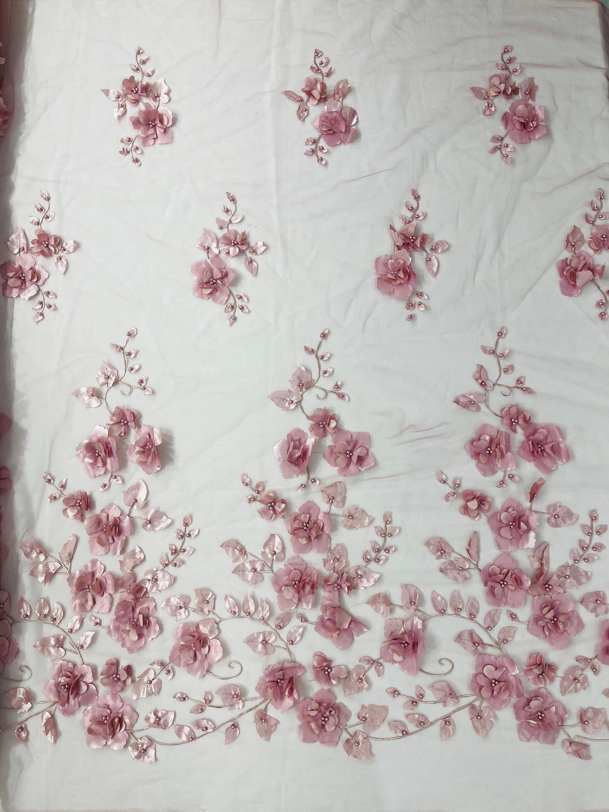 Orquidia 3D Floral Design Embroidered With Pearls Lace Fabric - 3D Floral Mesh Lace, 54" Width (1 Yard)