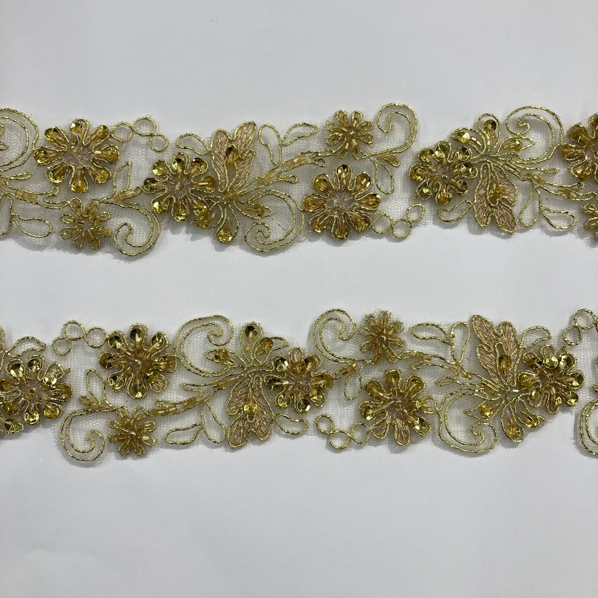 Beaded & Corded Lace Trimming Embroidered On 100 Percent Polyester Net Mesh Fabric - Metallic Gold, Ivory With Silver, White, 2" Width (1 Yard)
