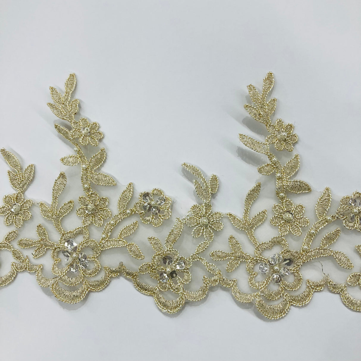 Beaded Corded Lace Trim on Polyester Mesh, 5.5"