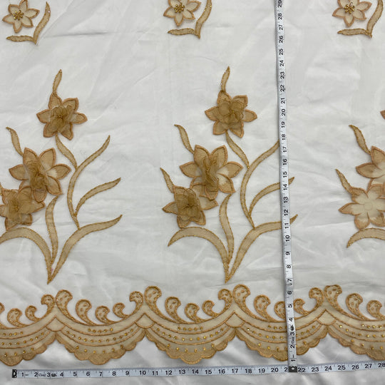 1 Yard Beaded 3D Floral Lace Fabric Embroidered on 100% Polyester Net Mesh Gold 52" Wide