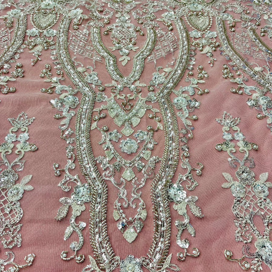 1 Yard Beaded Lace Fabric Embroidered on 100% Polyester Net Mesh