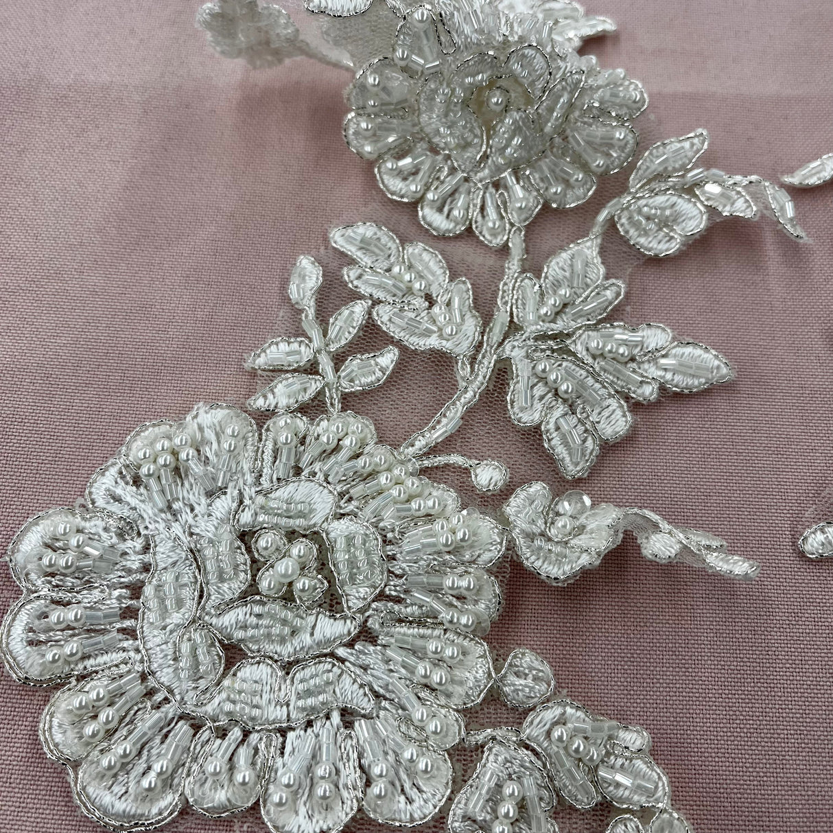 Beaded Corded Floral Lace Applique Embroidered 100 Percent Polyester Net Mesh Fabric - White, Ivory, Ivory With Silver Cording, White With Silver Cording, Black, 13" X 3.5" (1 Pair)