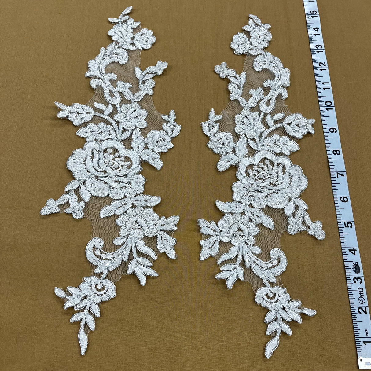 Beaded Corded Floral Lace Applique 100% Polyester Net Mesh