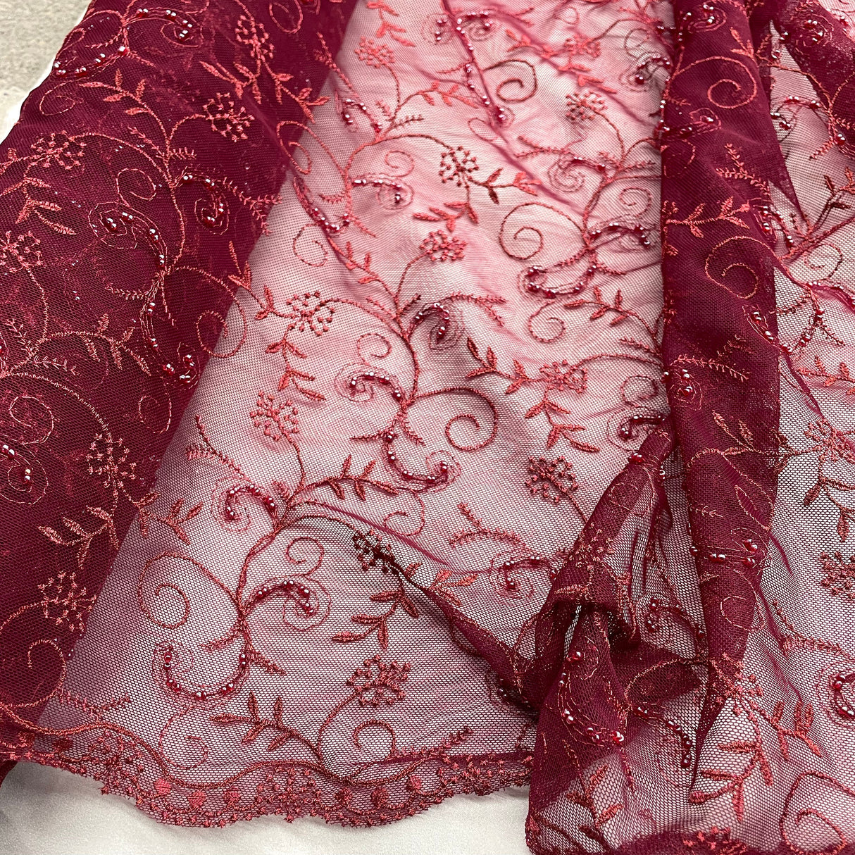 Beaded Lace Fabric on Polyester Net Mesh Red 52"