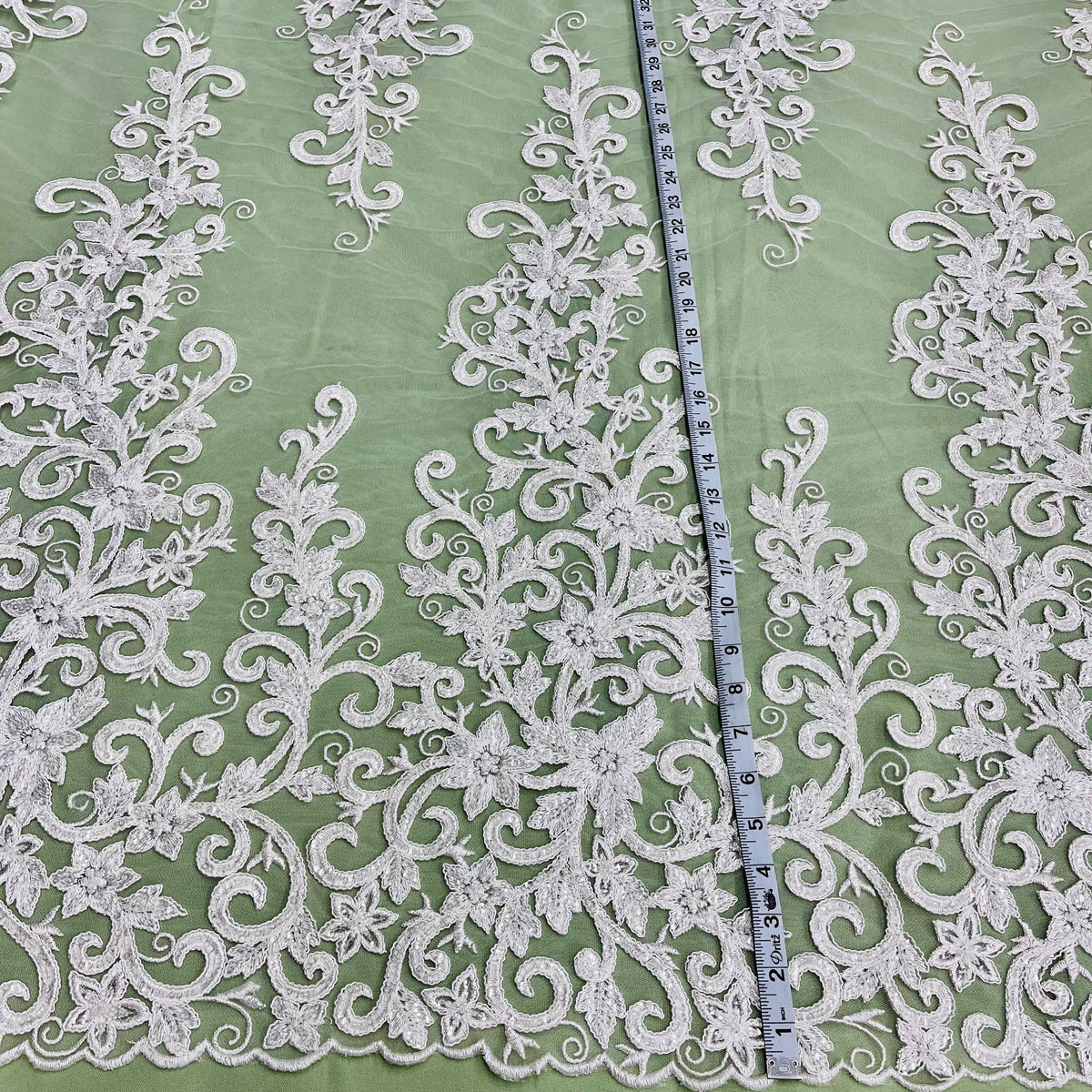 1 Yard Beaded Corded Bridal Lace Fabric, Embroidered on 100% Polyester Net Mesh