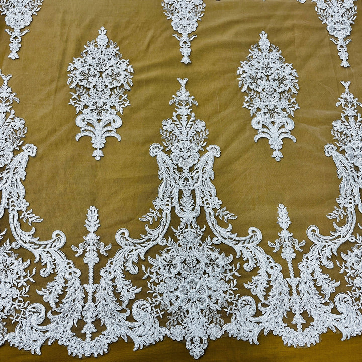 1 Yard Exquisite Bridal Lace Fabric Embroidered on 100% Polyester Net Mesh White