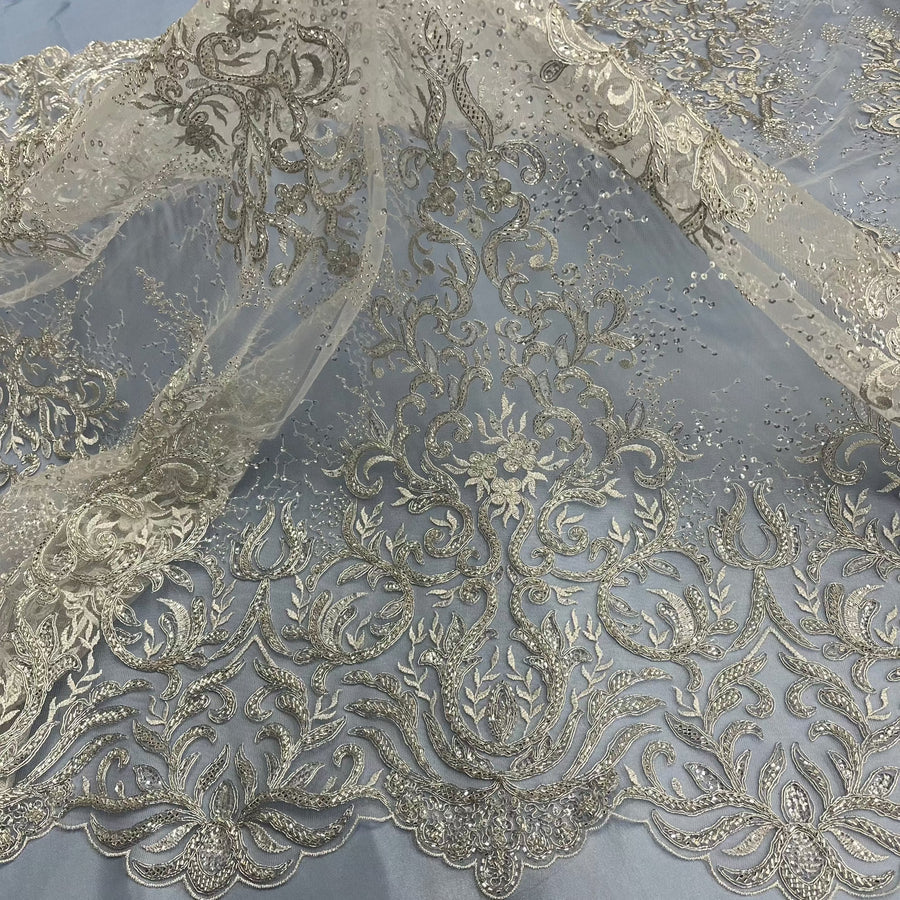 1 Yard Beaded & Corded Bridal Lace Fabric Embroidered on 100% Polyester Net Mesh