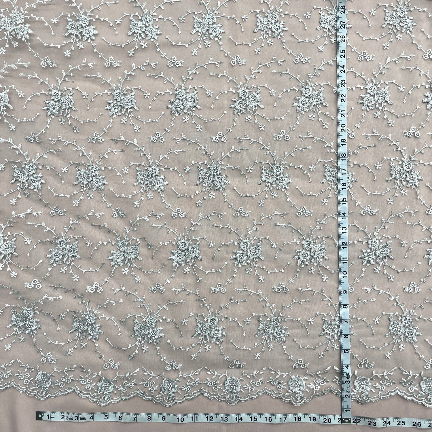 1 Yard Silver Corded Bridal Lace Fabric Embroidered on Polyester Net Mesh for Wedding and Evening Dresses – 52"