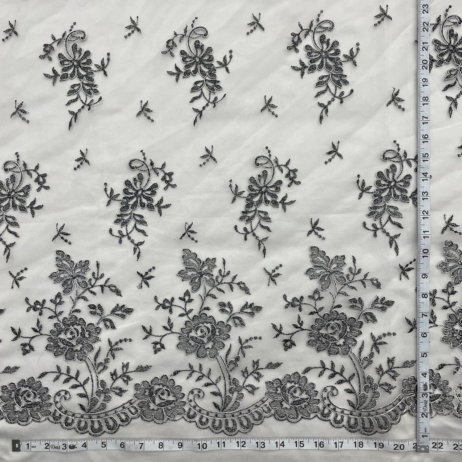 1 Yard Corded Bridal Lace Fabric Embroidered on Polyester Net Mesh for Elegant Wedding and Evening Gowns – 54"