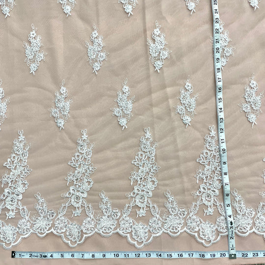 1 Yard Beaded Corded Bridal Lace Fabric Embroidered on Polyester Net Mesh 52 Inch Width