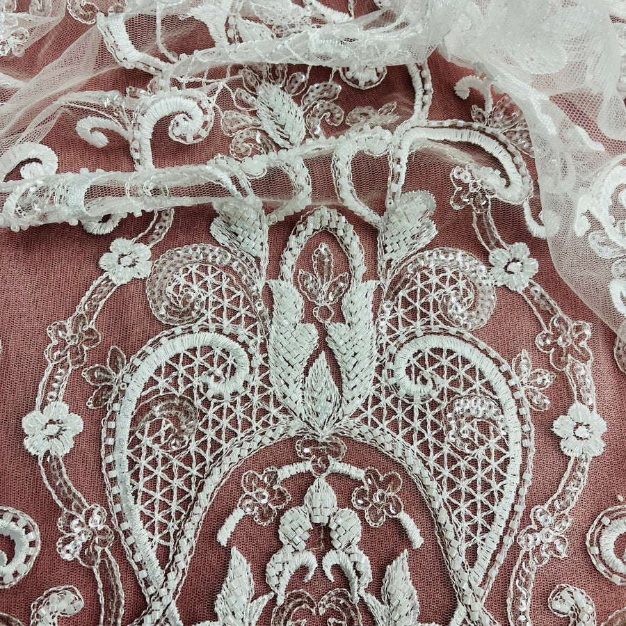 1 Yard Beaded and Sequined Lace Fabric Embroidered on Polyester Net Mesh White and Ivory