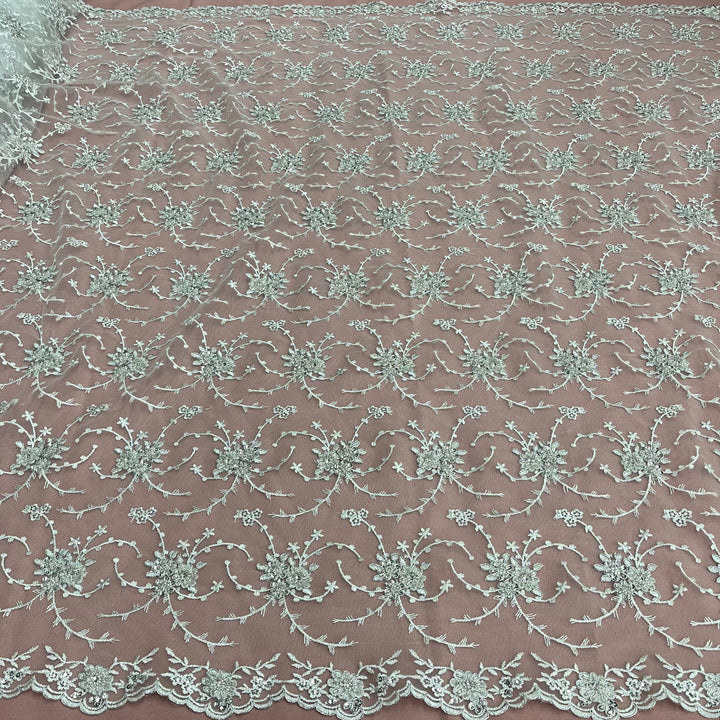 1 Yard Elegant Beaded and Corded Bridal Lace Fabric Embroidered on 100% Polyester Net Mesh White