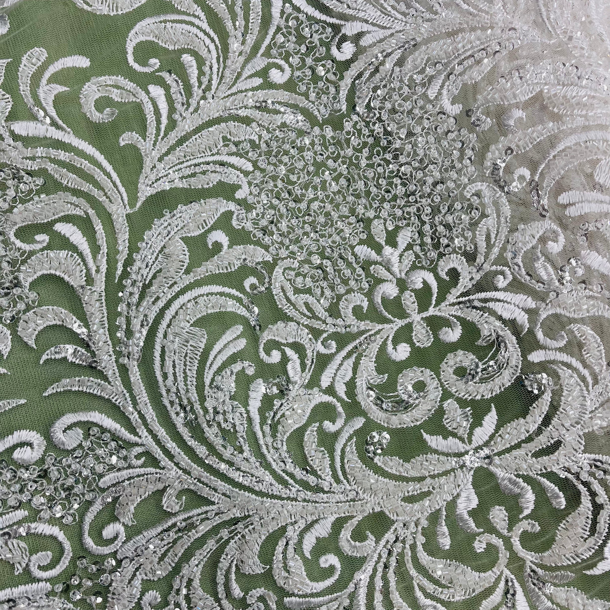 Beaded Lace Fabric on Polyester Net Mesh