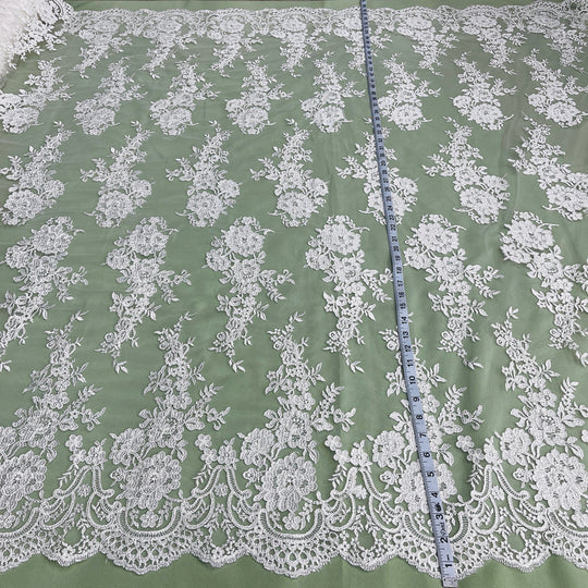 1 Yard Corded Bridal Lace Fabric Embroidered on Polyester Net Mesh 54 inch Width