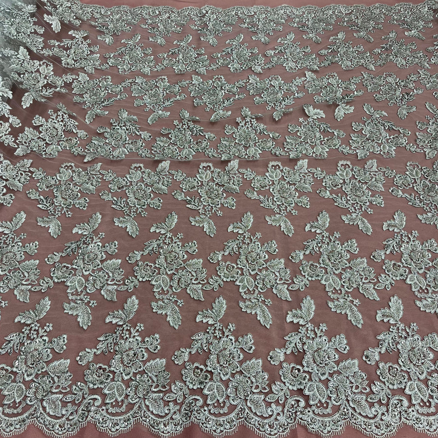 1 Yard Ivory Beaded and Corded Bridal Lace Fabric Embroidered on Polyester Net Mesh 51 Inch Width