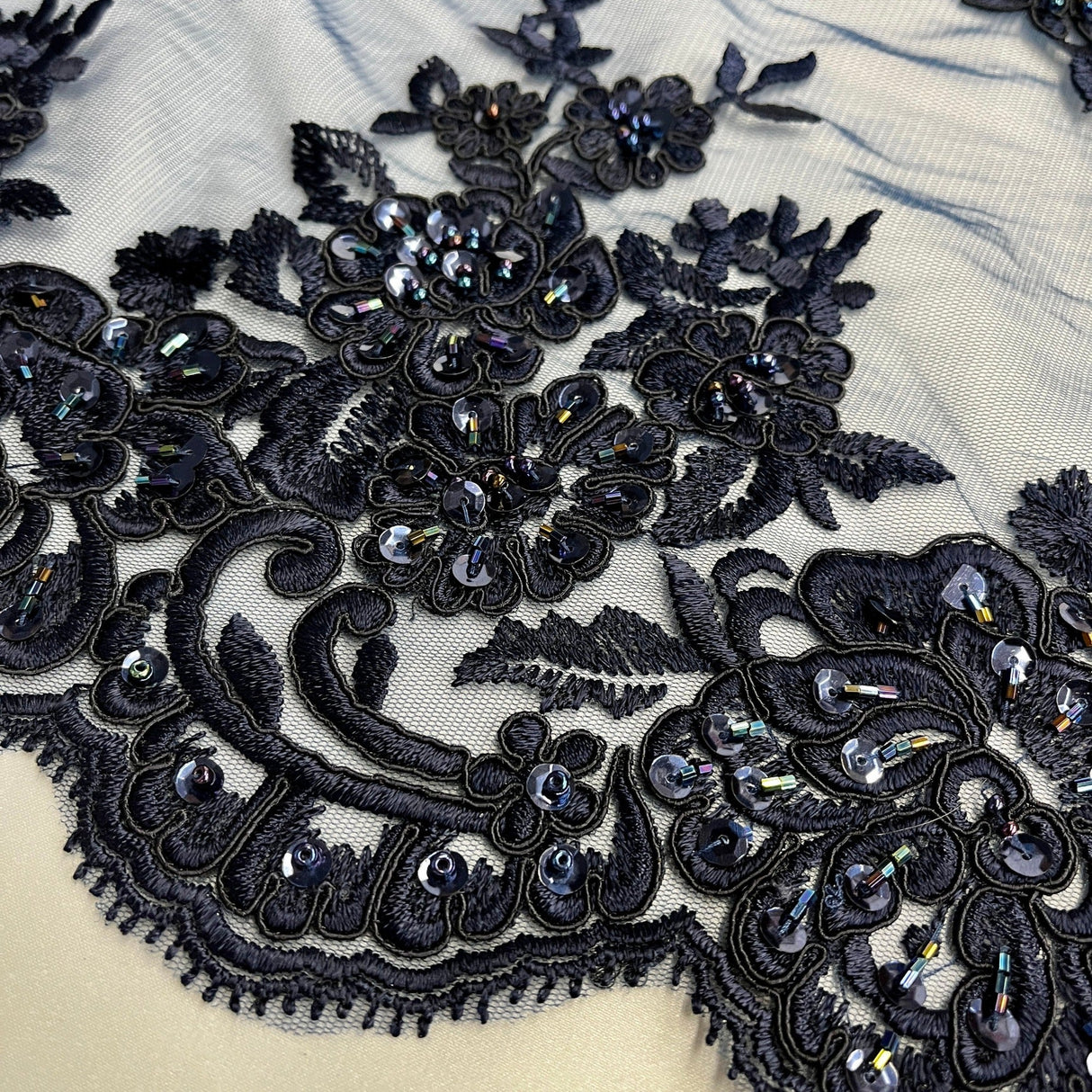 Beaded Corded Bridal Lace Ivory Mesh