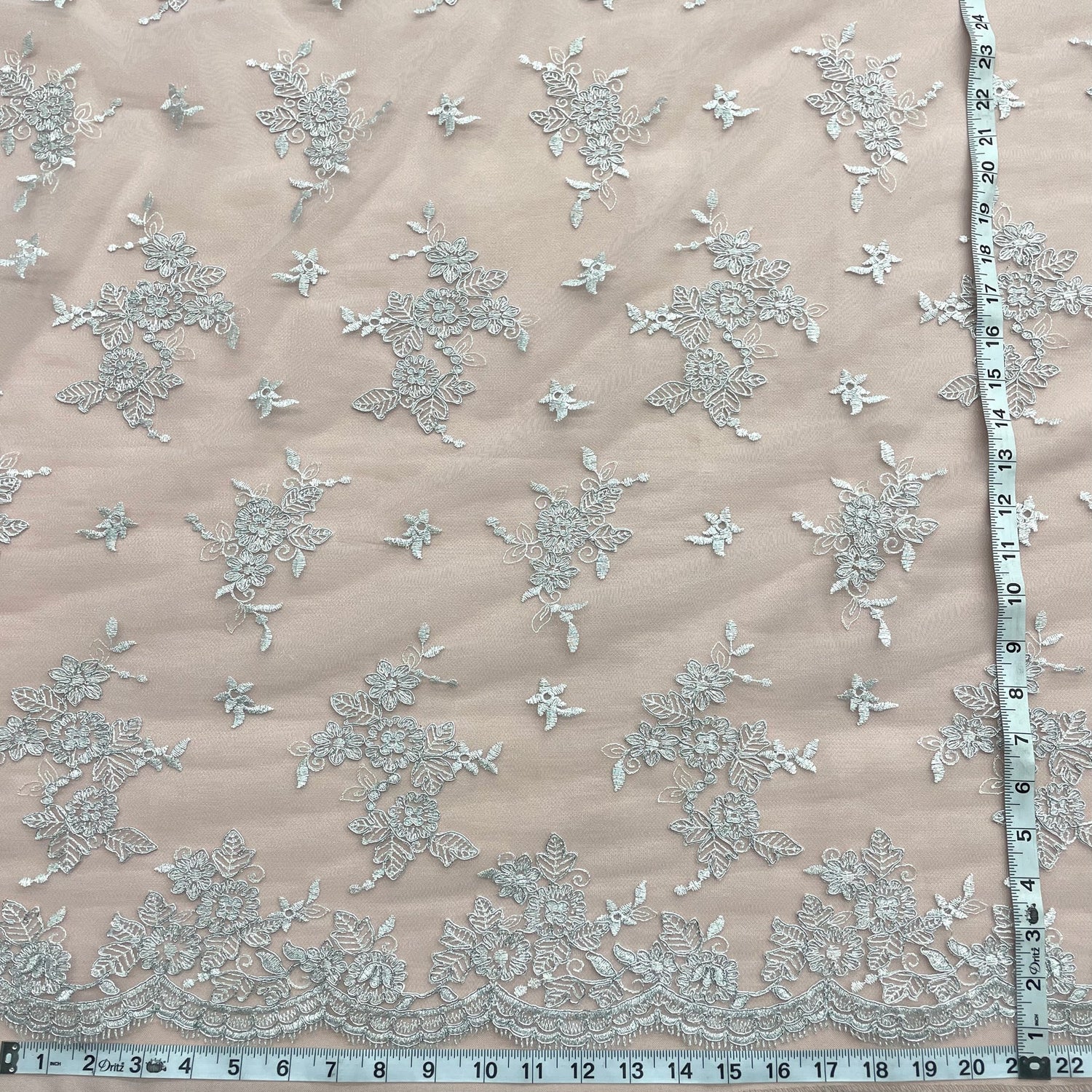 1 Yard Corded Bridal Lace Fabric Embroidered on Polyester Net Mesh Silver for Wedding and Evening Gowns – 51"