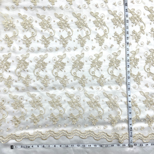 1 Yard Corded Bridal Lace Fabric Embroidered on 100% Polyester Net Mesh | Lace USA - 95388W - Antique Gold - 54" Wide