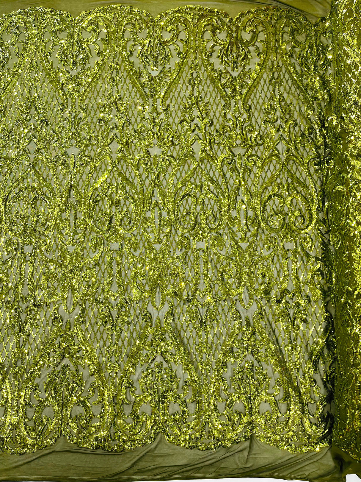 Heart Sequin Damask Polyester Fabric - Heart Damask, Iridescent Sequins, 54" Width (1 Yard)