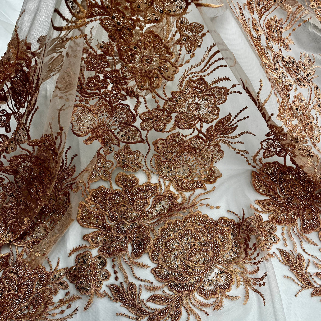 Beaded Lace Fabric Embroidered on Polyester Net Mesh 52"