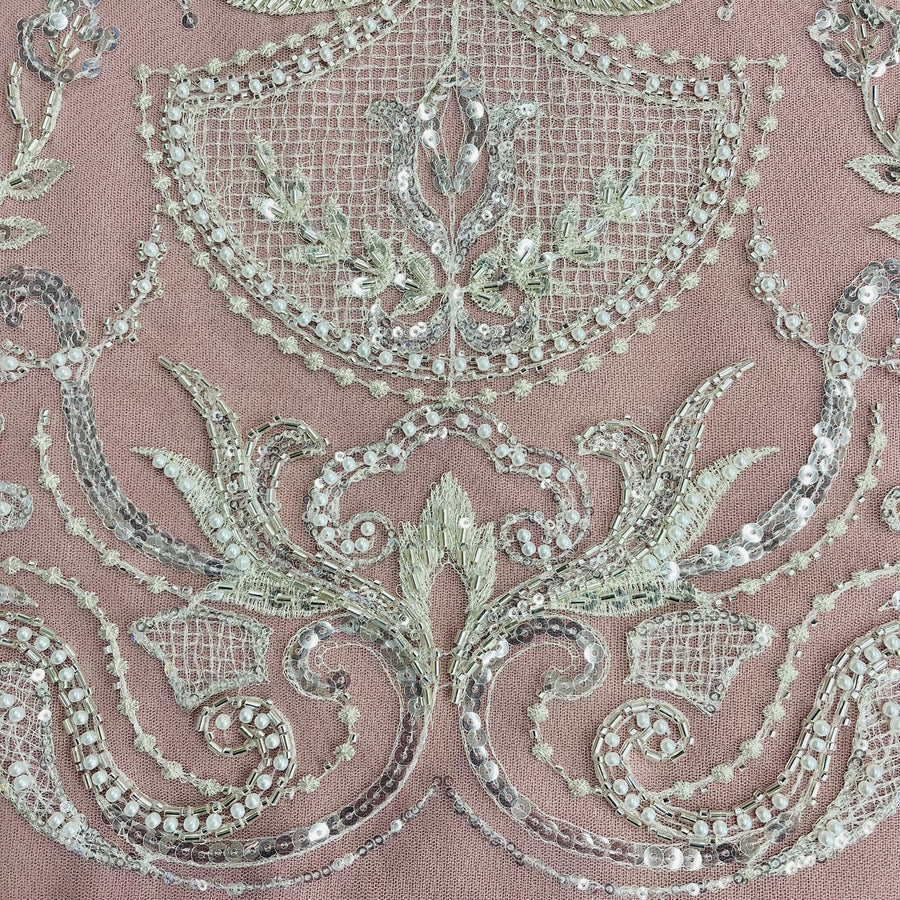 1 Yard Premium Beaded Lace Fabric Embroidered on Polyester Net Mesh White Ivory and Blush