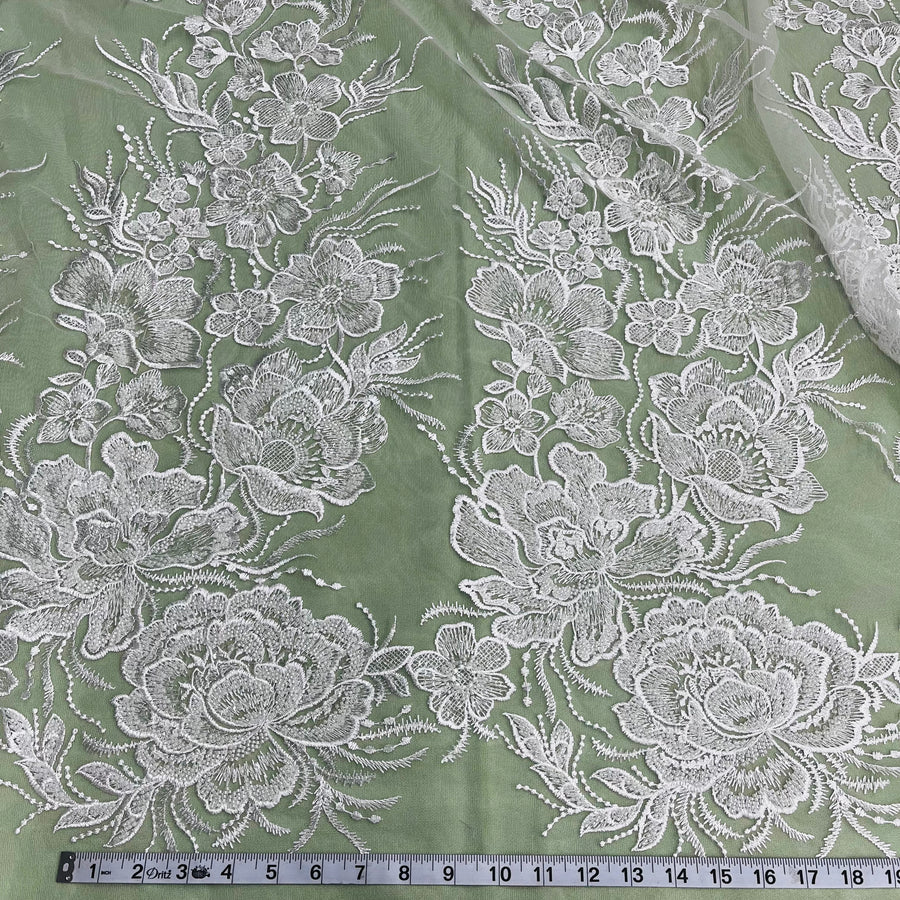 1 Yard Exquisite Beaded Lace Fabric Embroidered on 100% Polyester Net Mesh White