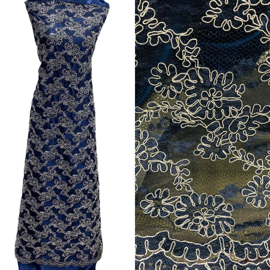 1 Yard Corded Bridal Lace Fabric Embroidered on Polyester Net Mesh 54 inch Width