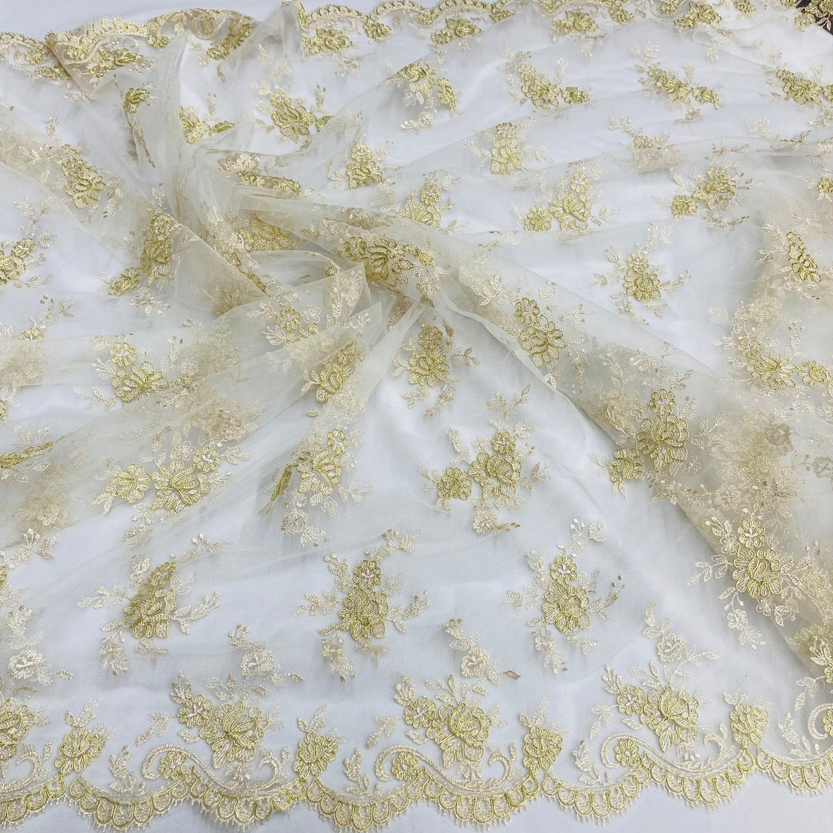 1 Yard Corded Bridal Lace Fabric Embroidered on 100 Percent Polyester Net Mesh White 56 inch Width