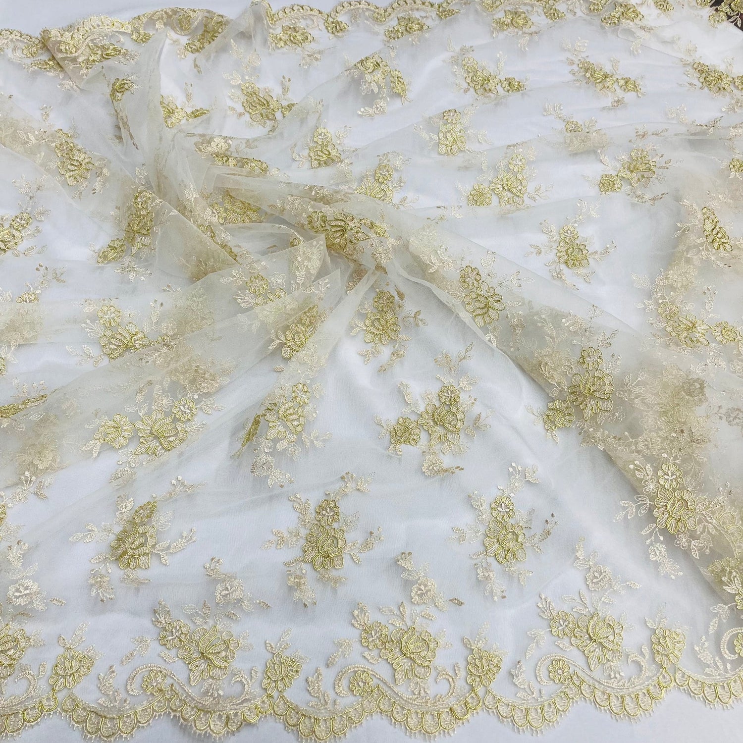 1 Yard Corded Bridal Lace Fabric Embroidered on 100 Percent Polyester Net Mesh White 56 inch Width