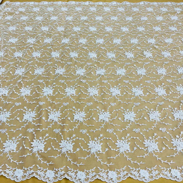 1 Yard Elegant Beaded and Corded Bridal Lace Fabric Embroidered on 100% Polyester Net Mesh White