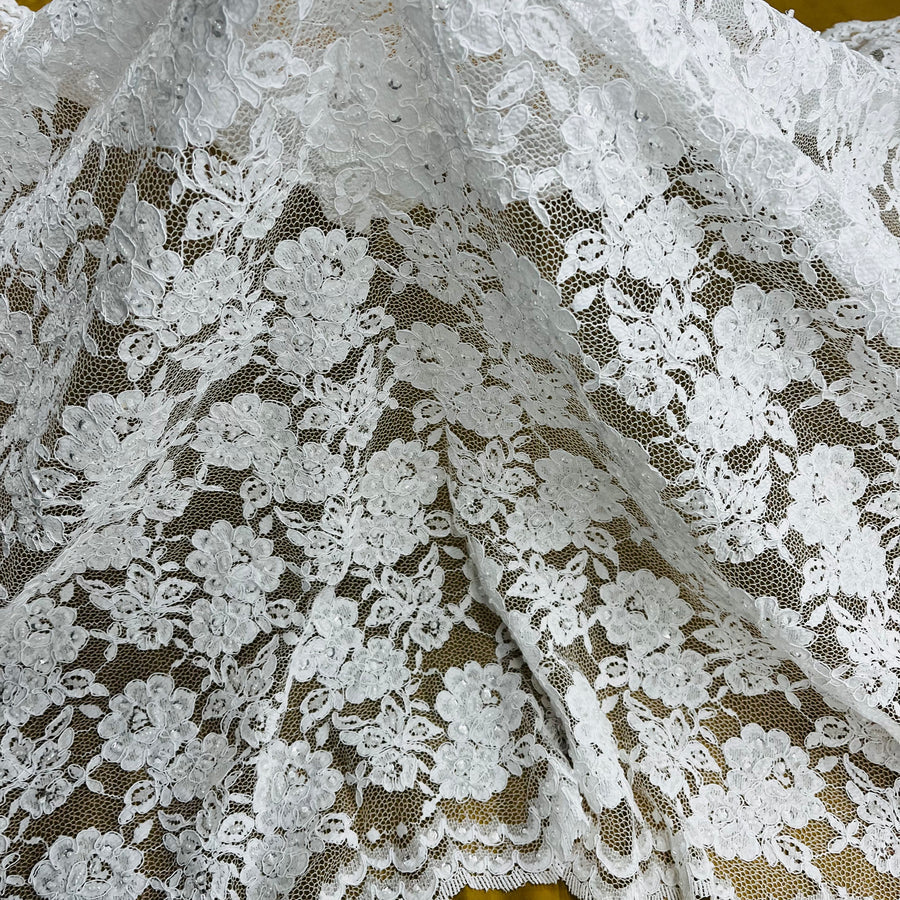 1 Yard Elegant Beaded and Corded Lace Fabric Embroidered on 100% Polyester Net Mesh White