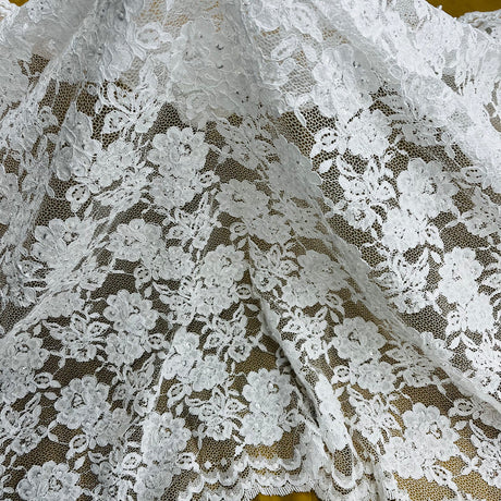 1 Yard Elegant Beaded and Corded Lace Fabric Embroidered on 100% Polyester Net Mesh White