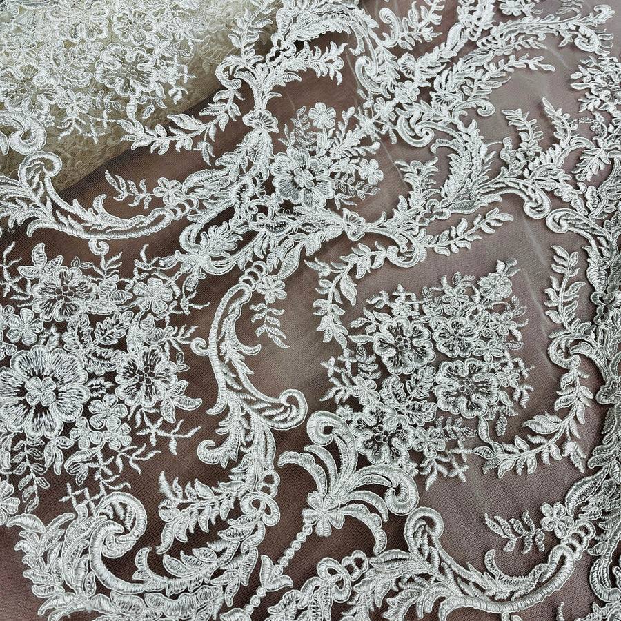 1 Yard Corded Bridal Lace Fabric Embroidered on Polyester Net Mesh