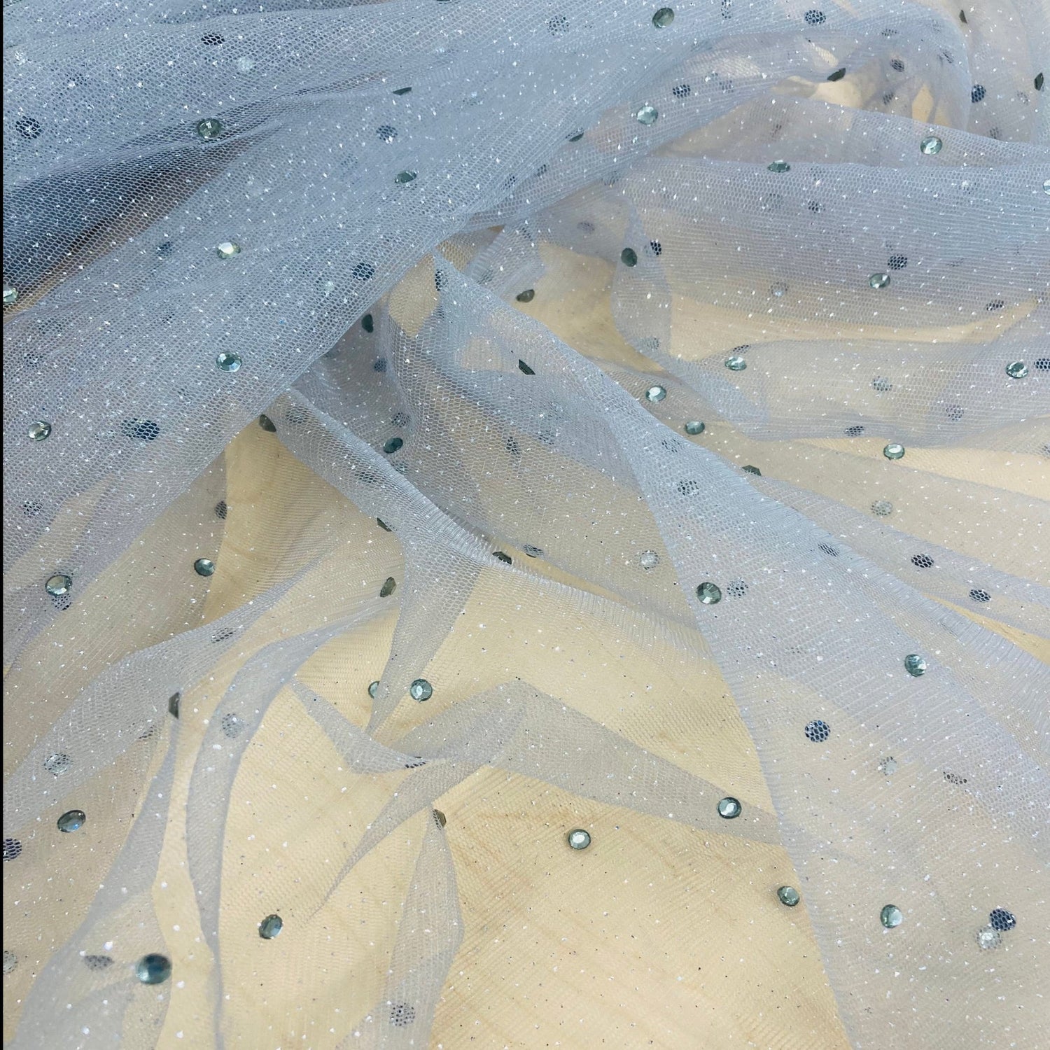 1 Yard Glitter Mesh Fabric with Scattered Rhinestones | 60" Wide | 2 Way Stretch Sparkle Mesh for Gowns, Bridal Wear & Costumes