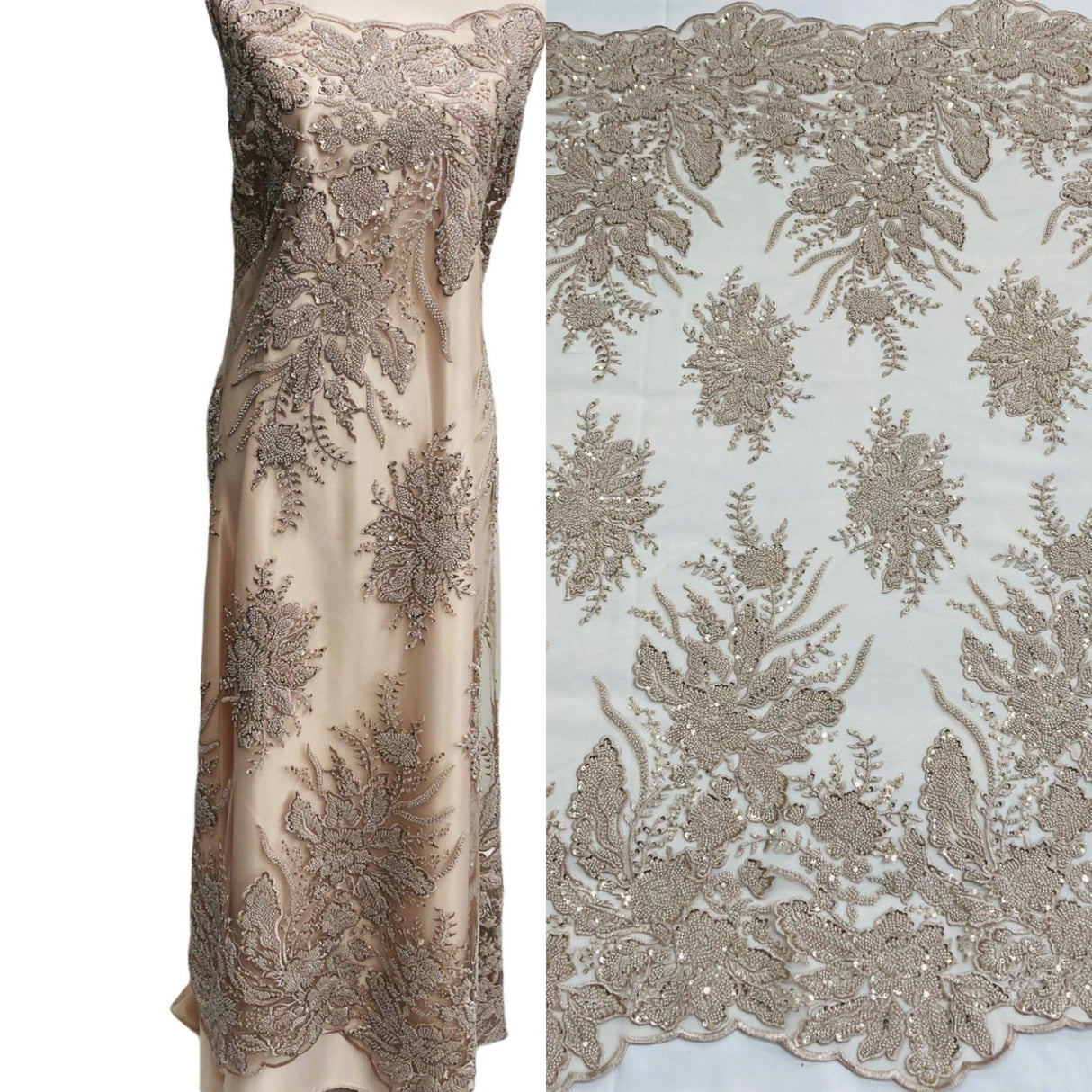 Beaded Lace Fabric on Polyester Net Mesh