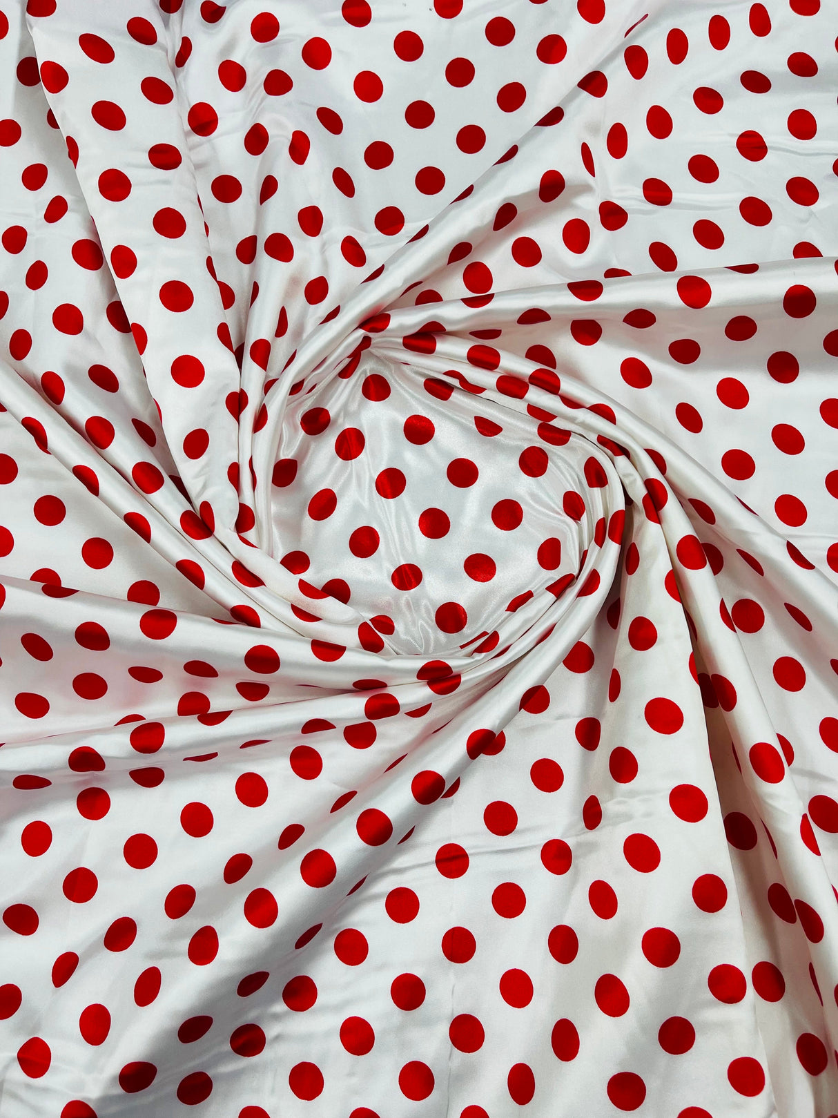 Polka Dot Satin 100 Percent Polyester Charmeuse Fabric - White Polka Dot On Red, 58" Width (1 Yard)