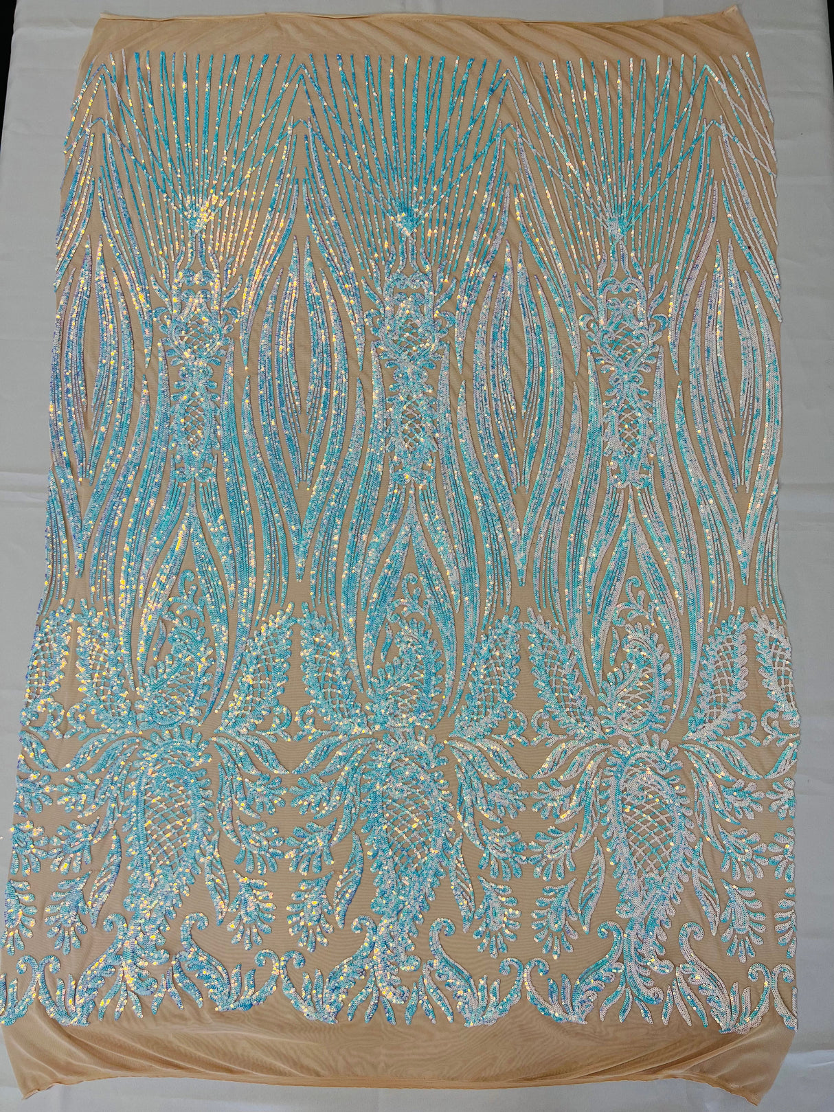 Paisley Sequin Design 4 Way Stretch Mesh Fabric - Nude Paisley Embroidered Iridescent Sequins, 48-50" Width, 36" Length (1 Yard)
