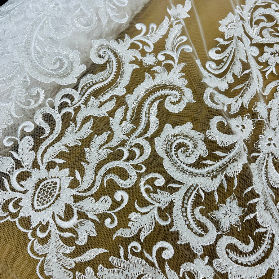 1 Yard Beaded Lace Fabric Embroidered on 100% Polyester Net Mesh | Off White, Ivory