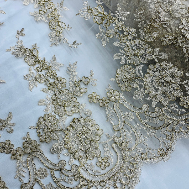 1 Yard Corded Bridal Lace Fabric Embroidered on Net Mesh White