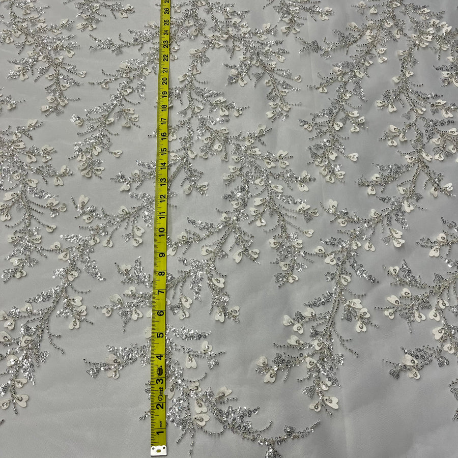 1 Yard Ivory with Silver Beaded 3D Floral Lace Fabric Embroidered on Polyester Net Mesh 54 Inch Width