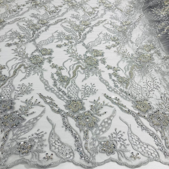 1 Yard Silver Beaded Lace Fabric Embroidered on Polyester Net Mesh for Couture Sewing 50 Inch Width