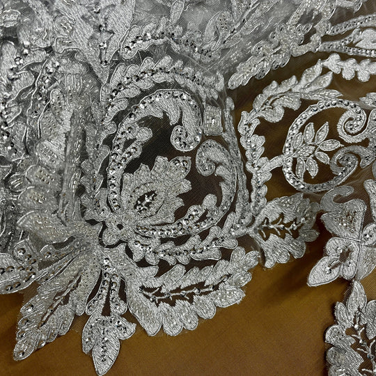 1 Yard Beaded Corded Bridal Lace Fabric Embroidered on 100 Percent Polyester Net Mesh Gold
